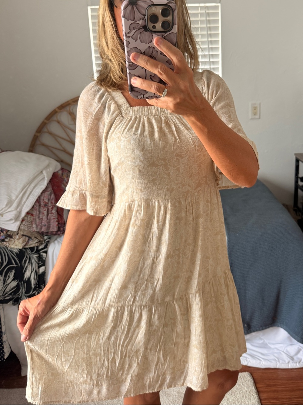 Anthropologie Cream Floral Square-Neck Tiered Dress